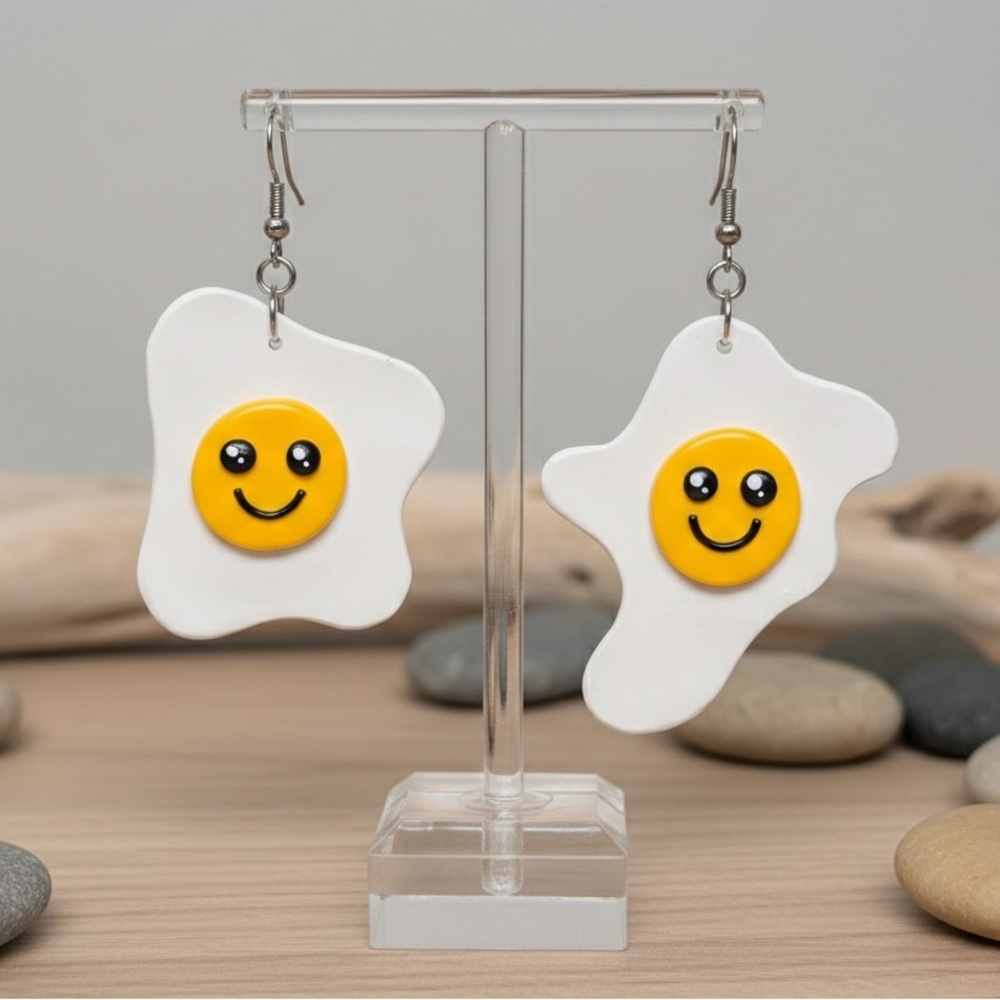 Smiley Fried Egg Dangle - Handmade Earrings - Yellow & White